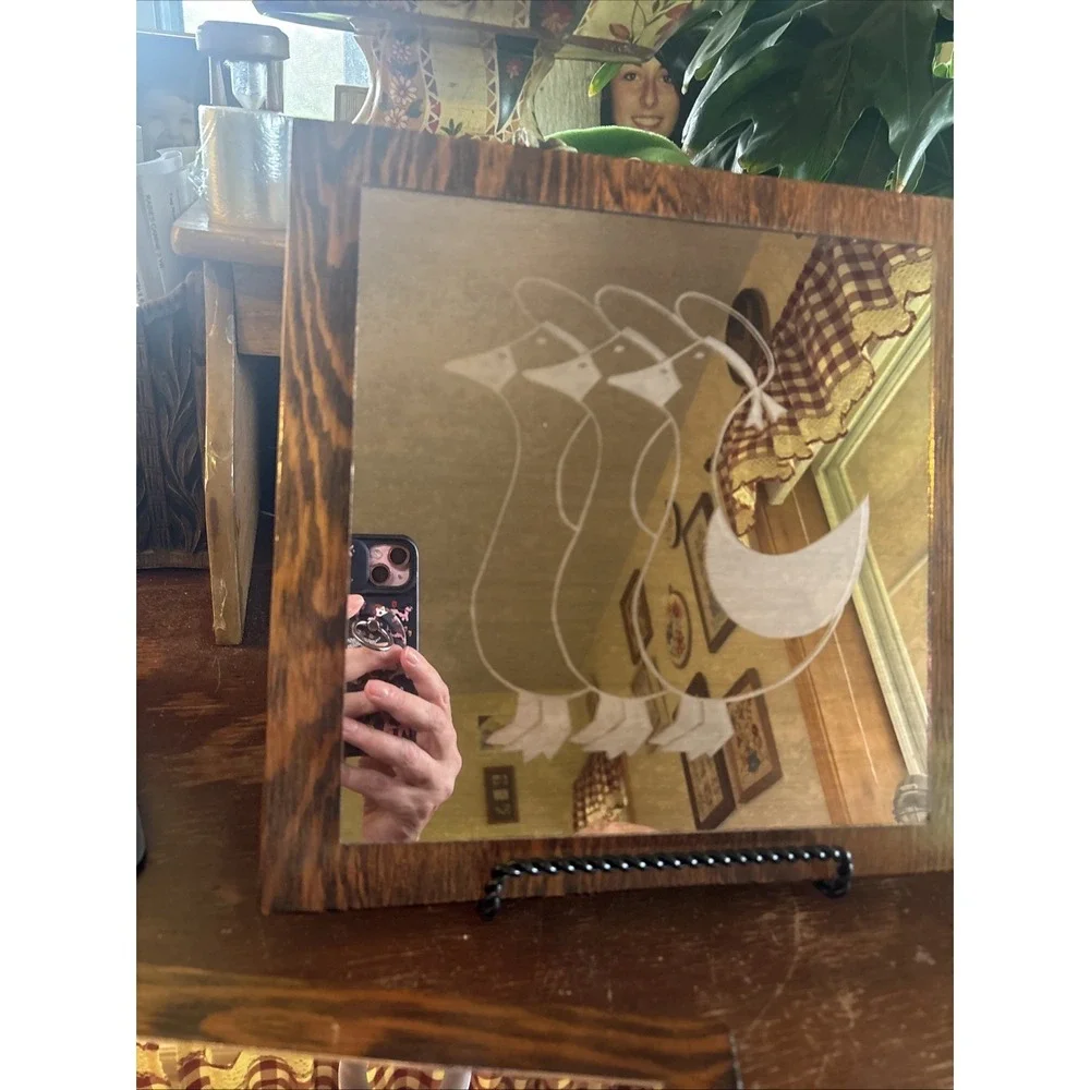 Square Wall Mirror Set with Country Ducks Brown In Chef Hats Wood Frame